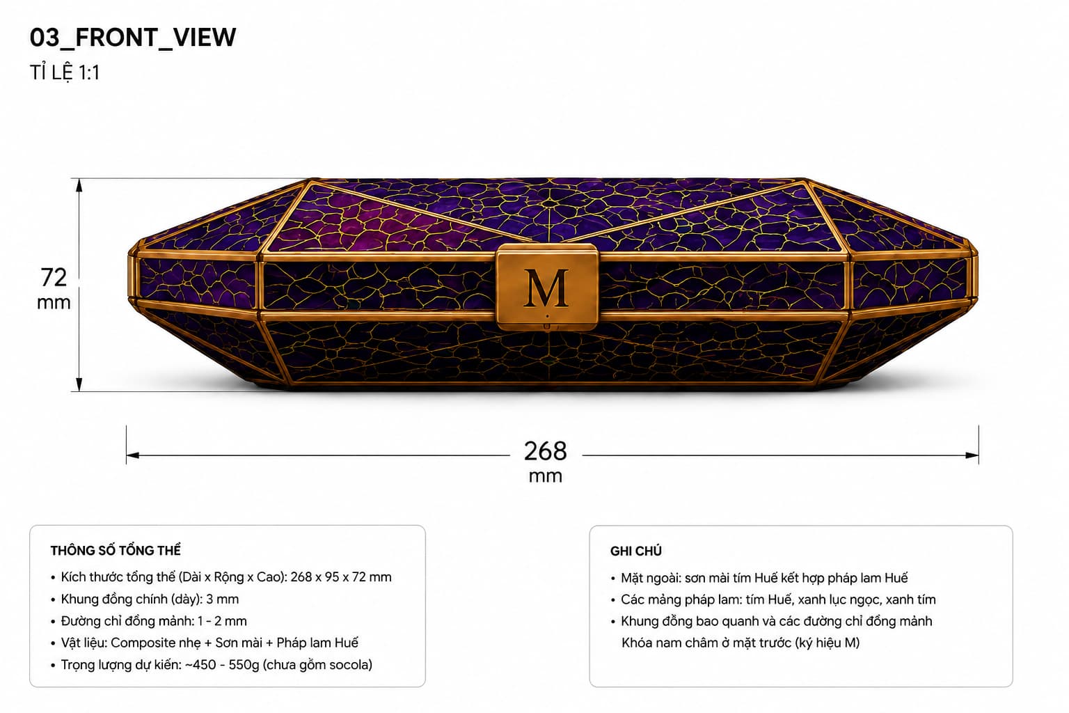 1:1 drawing — front view 268 × 72 mm, magnetic M clasp — Concept sketch